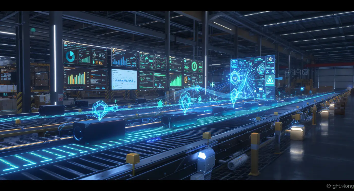 High-tech motors powering conveyors in a futuristic warehouse with AI analytics overlay.