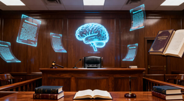 Illustration of AI hovering over a courtroom bench, symbolizing artificial intelligence errors in law.