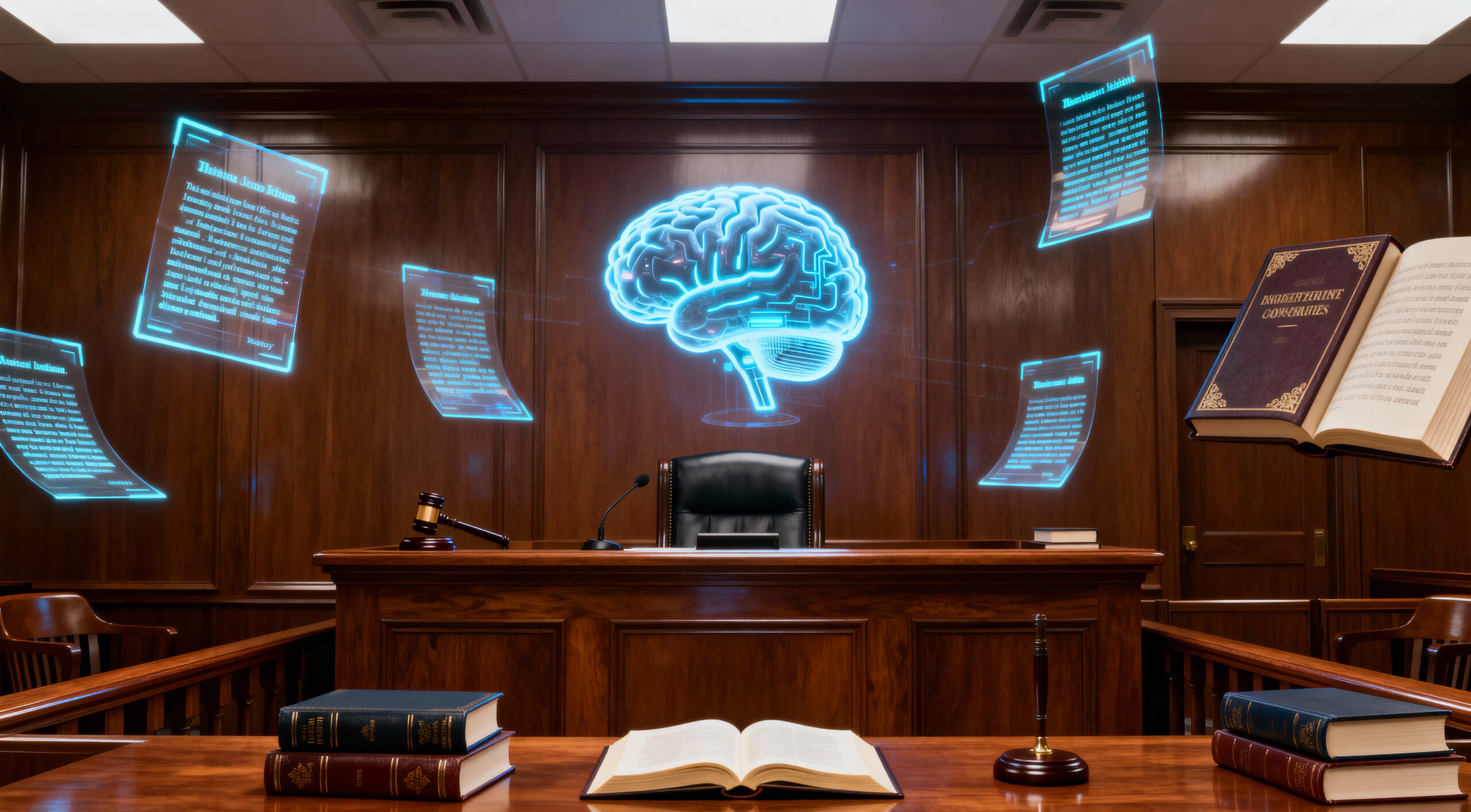 Illustration of AI hovering over a courtroom bench, symbolizing artificial intelligence errors in law.