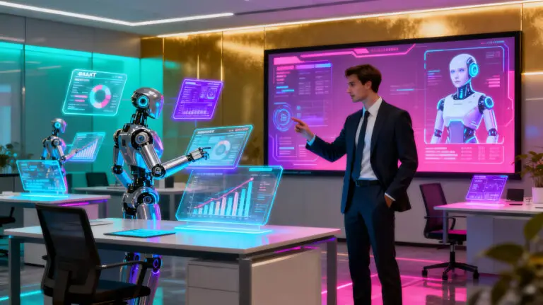 AI project management assistant analyzing timelines and resources on holographic dashboards