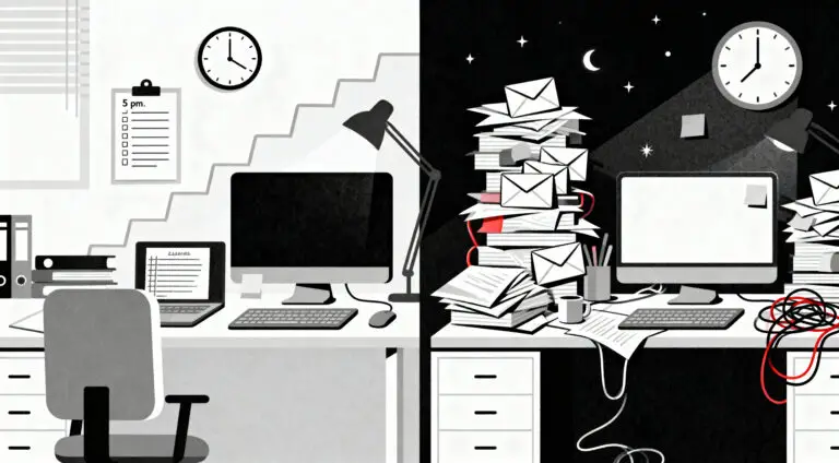 Side-by-side comparison of efficient hard work vs excessive overwork in a modern editorial illustration.