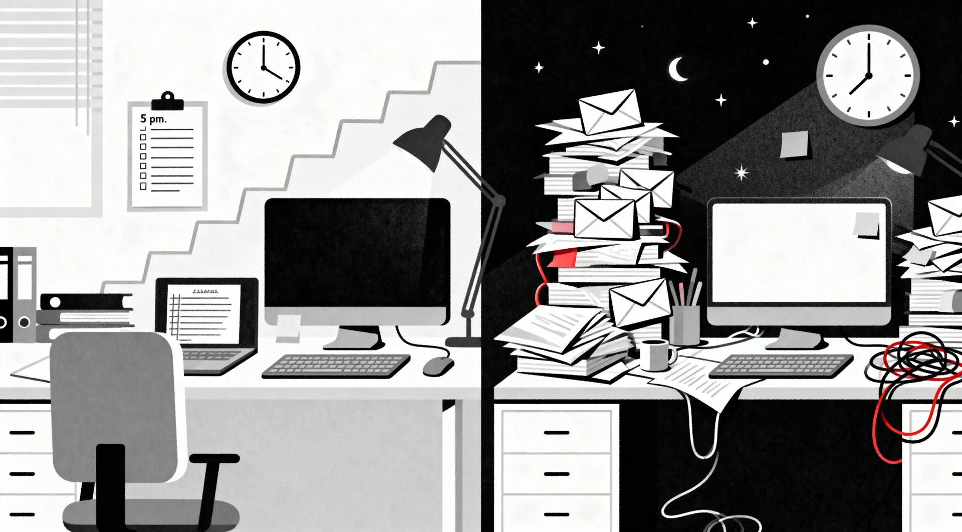 Side-by-side comparison of efficient hard work vs excessive overwork in a modern editorial illustration.
