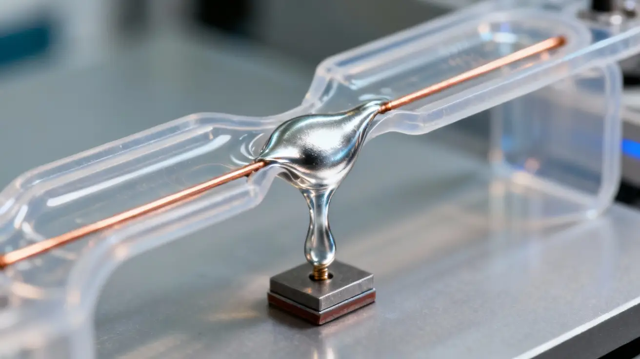 Elongated liquid metal droplet pinching off between two electrodes in a soft microfluidic channel.