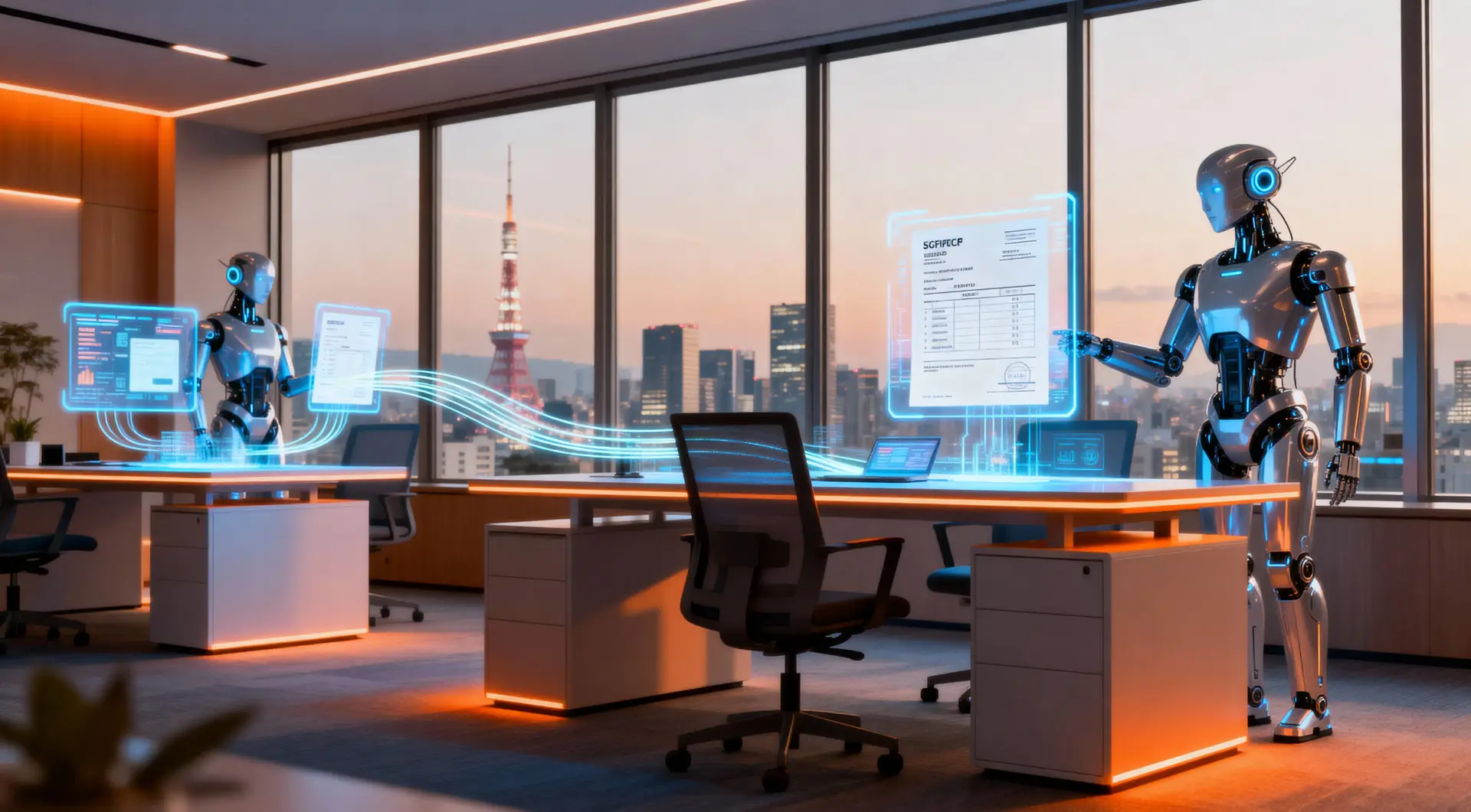 AI system automating invoices in a futuristic Tokyo office.