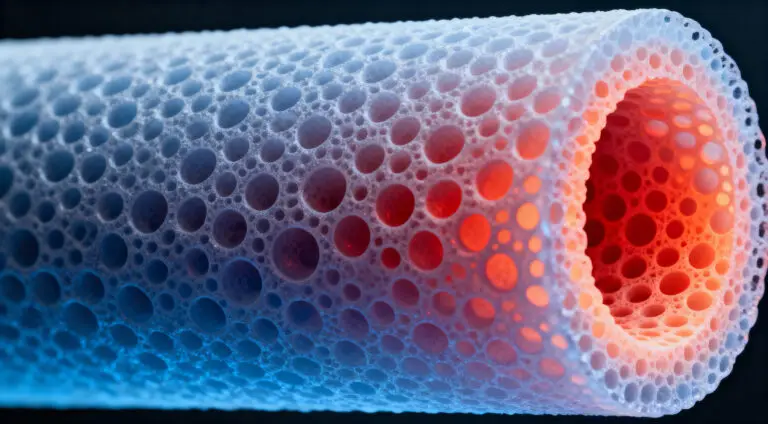 Cross-section of a gradient aramid aerogel fiber with fine pores outside and larger pores inside.