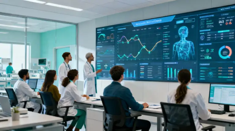 Clinicians and data scientists collaborating in a hospital command center with AI dashboards tracking safety, equity, and outcomes.