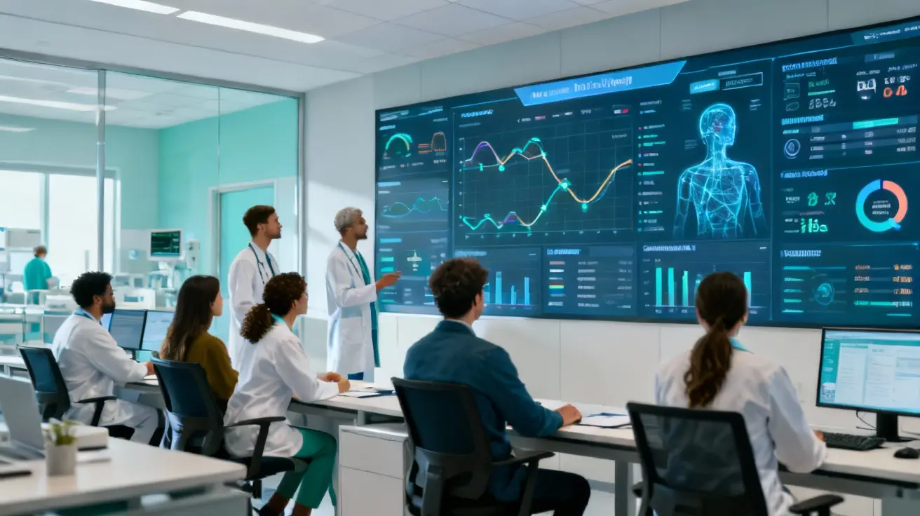Clinicians and data scientists collaborating in a hospital command center with AI dashboards tracking safety, equity, and outcomes.