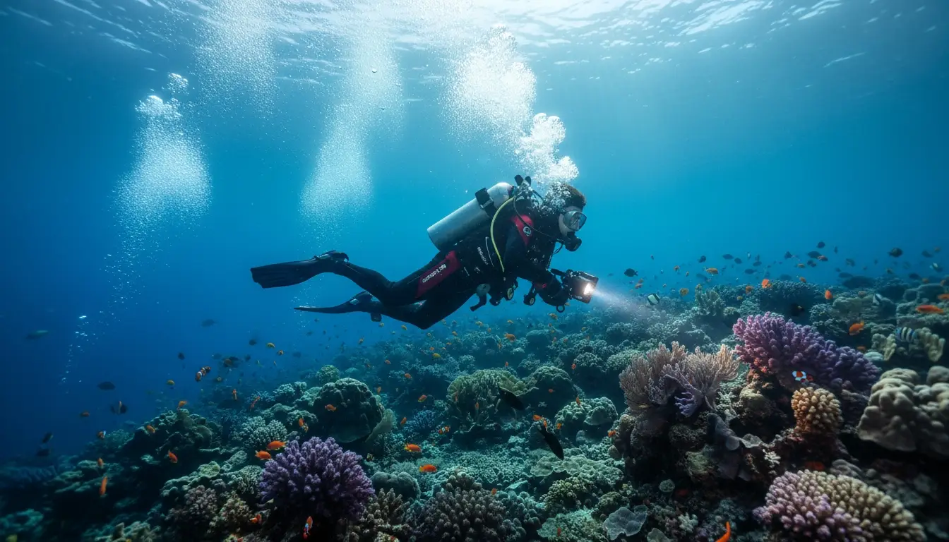 Scuba diver swimming through clear blue water near coral reef under sunlight rays.