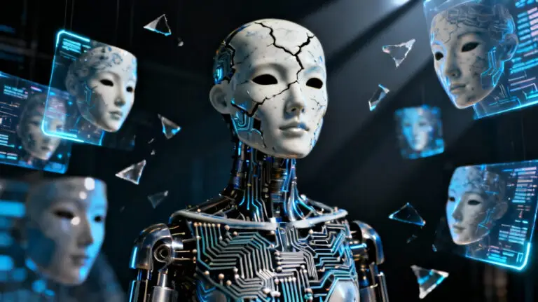 AI robot wearing a broken mask to symbolize deception in artificial intelligence.