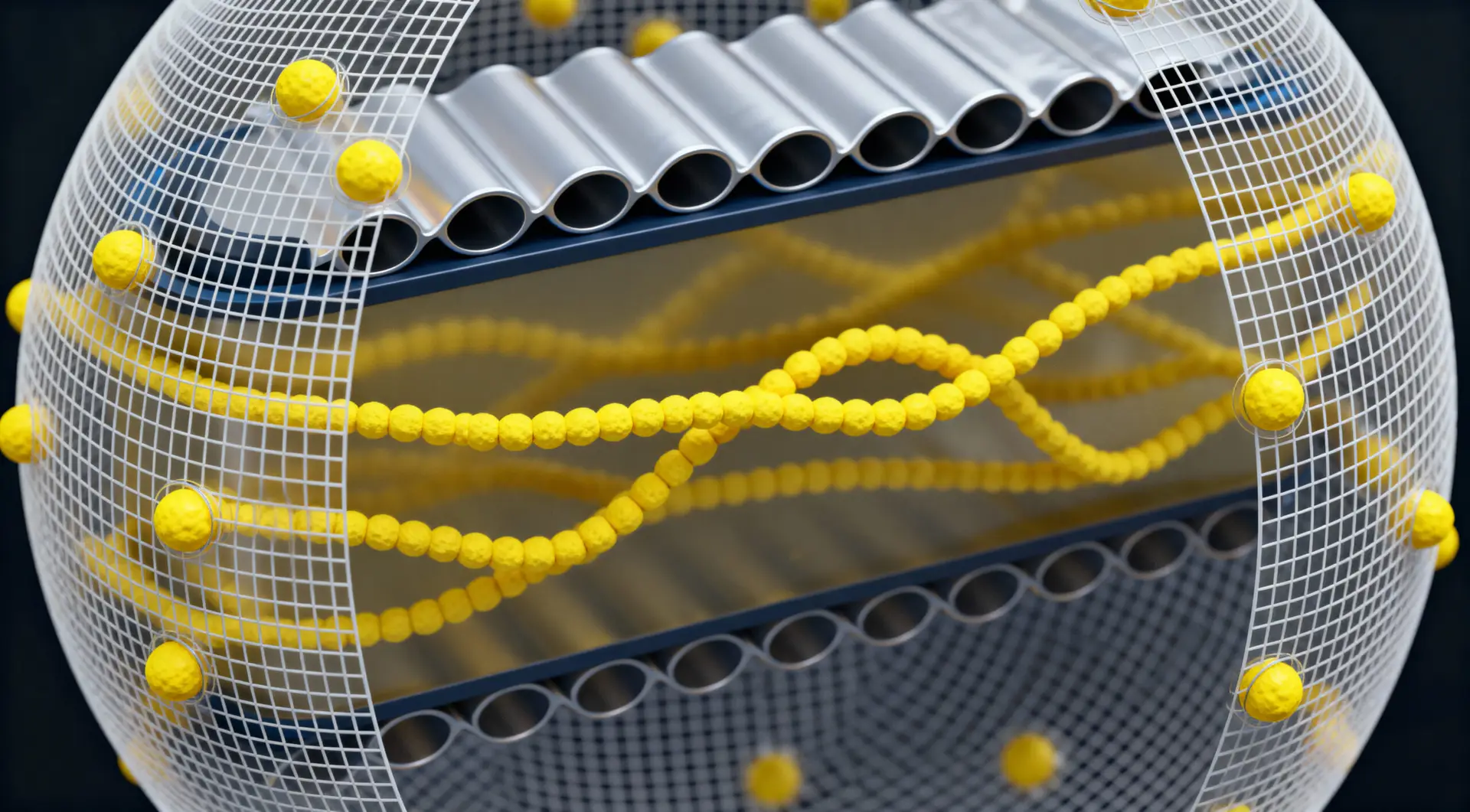 Colored droplets autonomously sliding through a transparent 3D-printed microfluidic chip with slippery channels.