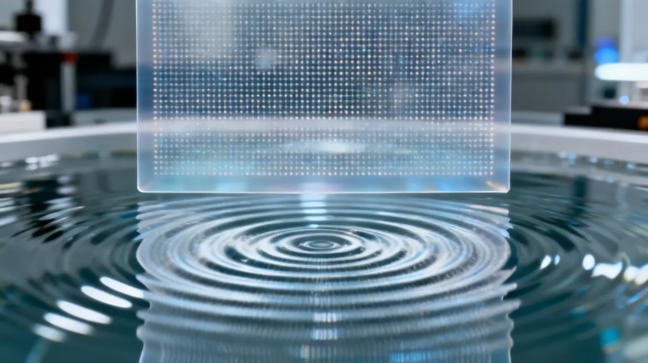 Rewritable polymer film and piezo array generating dynamic acoustic ripple patterns on water.