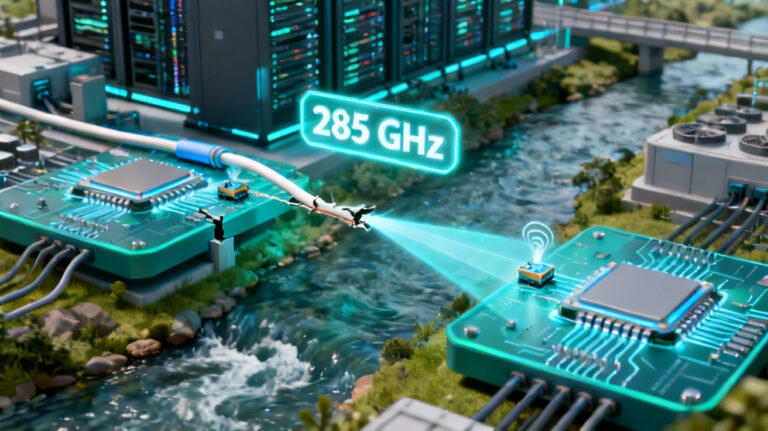 All-plasmonic sub-terahertz wireless bridge converting fiber-optic data into a 285 GHz beam between two plasmonic chips.