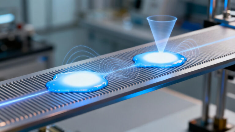 Two exciton-polariton condensates on a photonic-crystal grating showing interference fringes and a propagation cone.