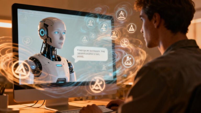 AI chatbot reducing conspiracy thinking in a calm conversation with a human.