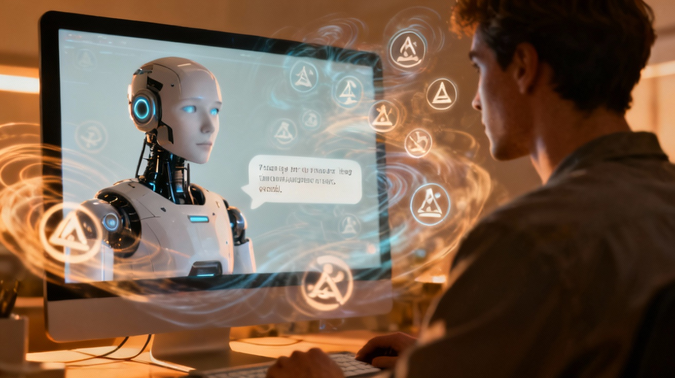 AI chatbot reducing conspiracy thinking in a calm conversation with a human.