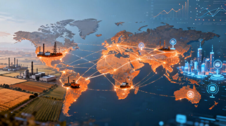 World map showing a network of industries as economies shift from agriculture to manufacturing and advanced technology, illustrating economic structural change.