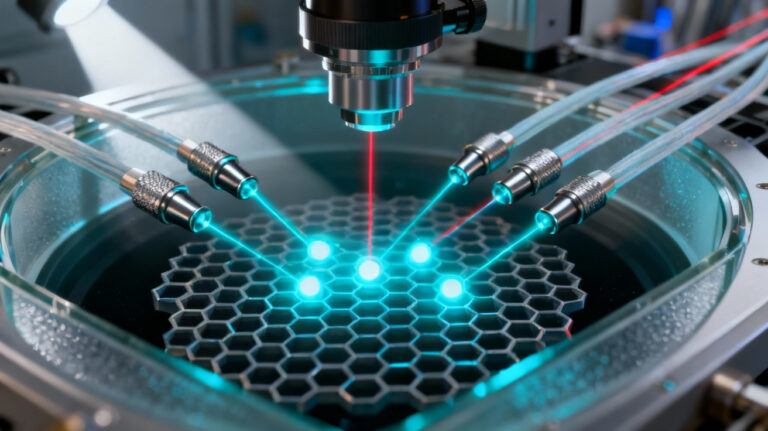 Fiber array sends trap and control beams through the same path to address individual atoms in a 2D optical tweezer grid.