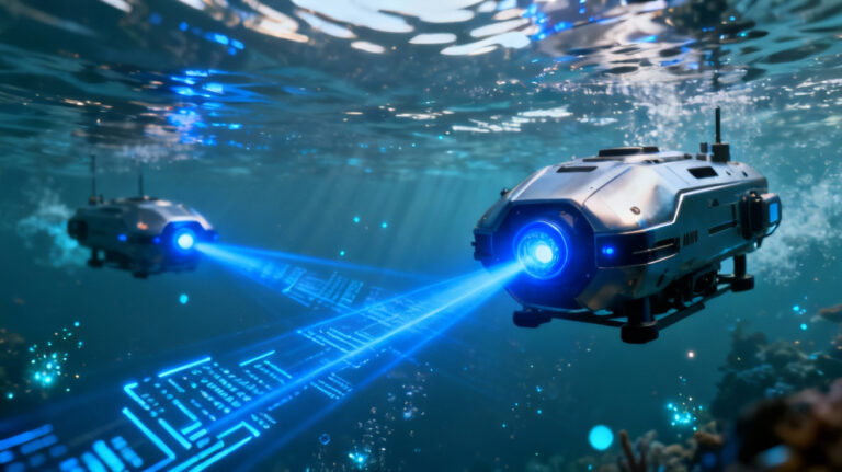 High-speed underwater communication using laser-based optical links between robotic vehicles.