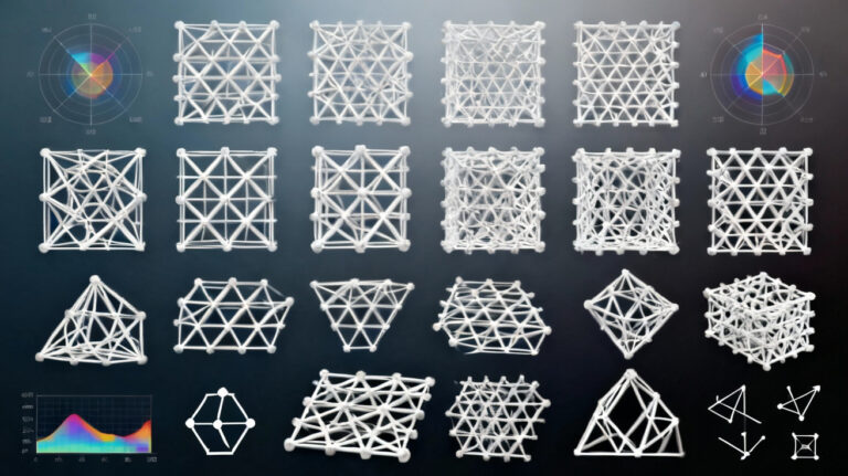 Array of diverse truss metamaterial unit cells with overlays of stiffness and Poisson’s ratio maps.