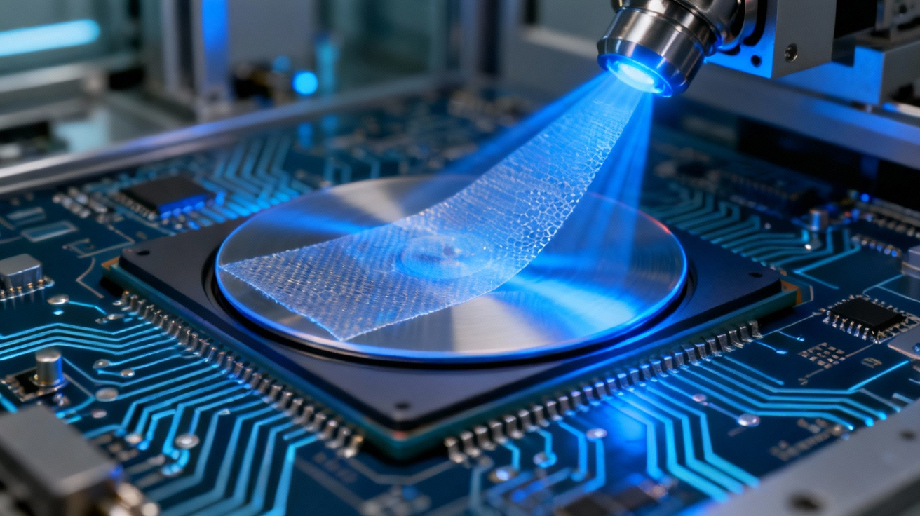 Spin-on deposition of amorphous zeolitic imidazolate framework film on a silicon wafer.