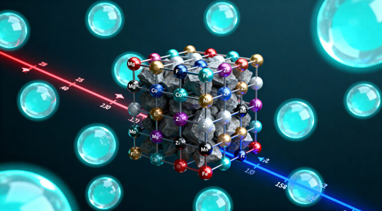 Rock-salt high-entropy oxide crystal showing multicolored cations influenced by temperature and oxygen chemical potential.