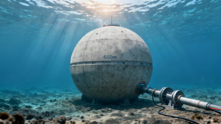 Underwater concrete energy-storage sphere anchored on the seabed with a pump-turbine pipe and power cable, shown at deep-ocean depth