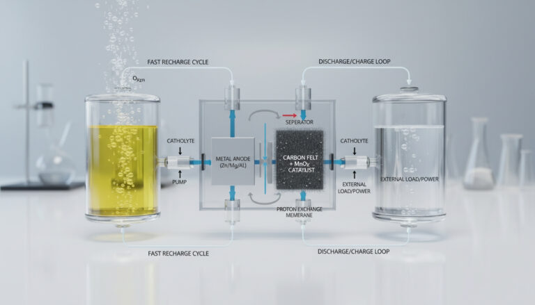 Diagram-style illustration of an air-powered self-charging organic redox flow battery with liquid tanks, oxygen bubbling, and metal negative electrode.