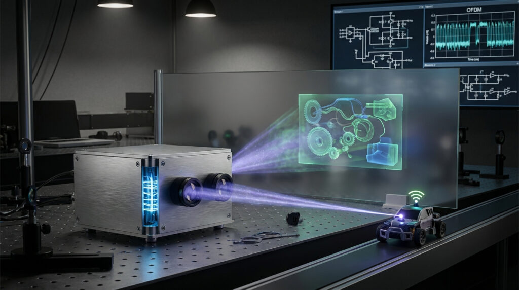 Compact 220-GHz terahertz device simultaneously connecting to a car and imaging hidden objects.