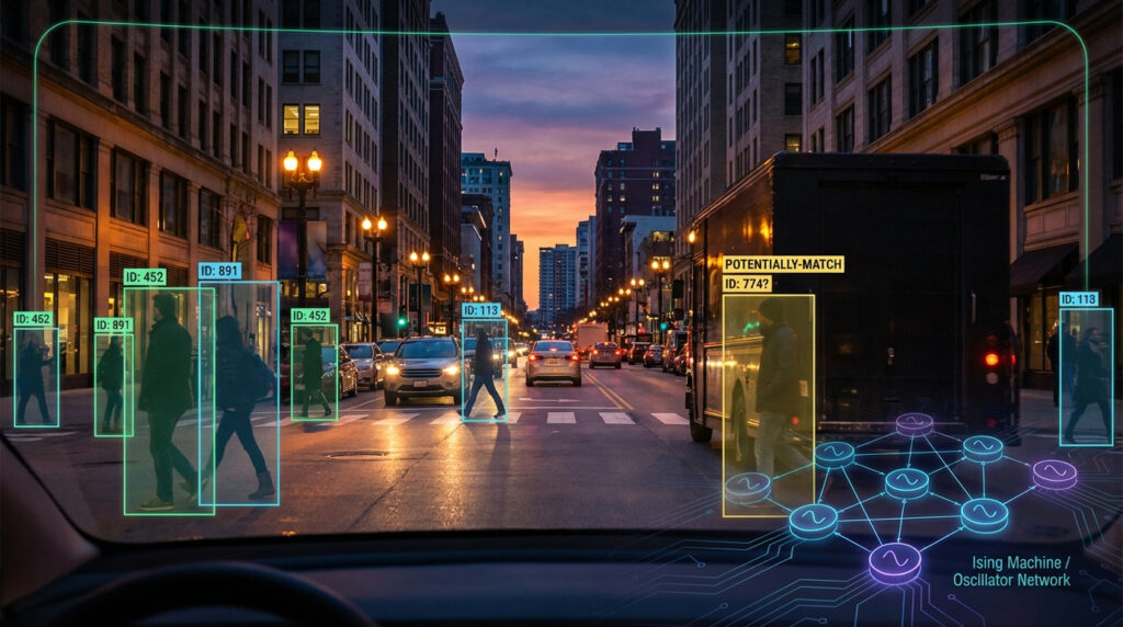 Autonomous vehicle tracking view showing objects with bounding boxes, including an occluded object marked as potentially matched.