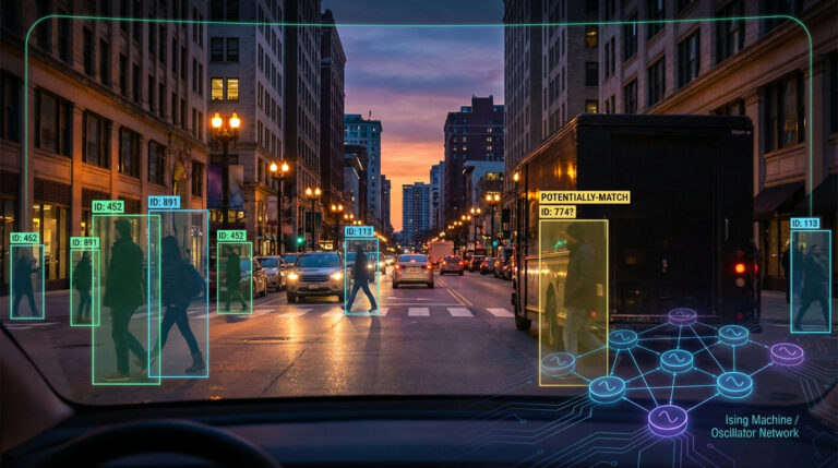 Autonomous vehicle tracking view showing objects with bounding boxes, including an occluded object marked as potentially matched.