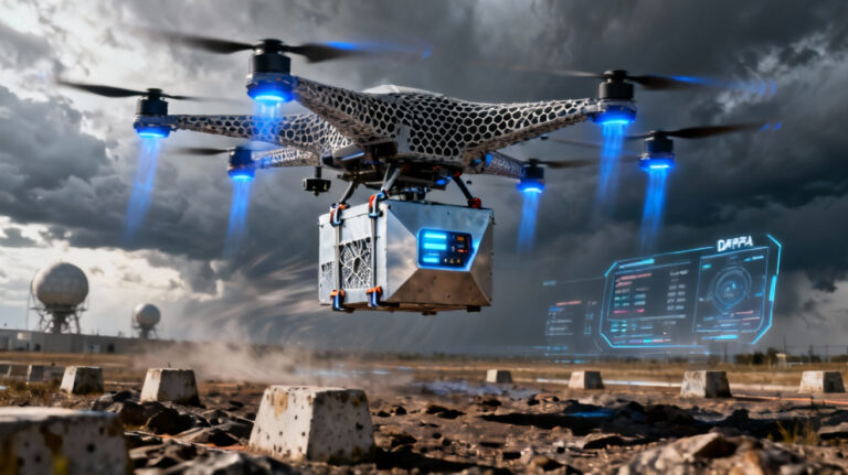 Experimental heavy-lift drone carrying a large payload during a DARPA test flight.