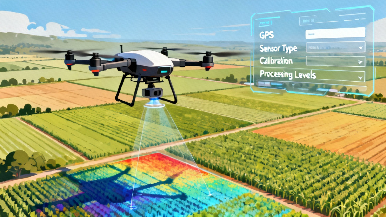 Drone collecting aerial data with metadata overlays showing sensor and processing information.