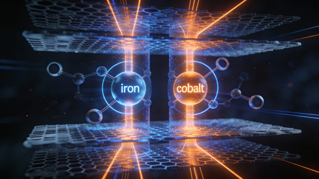 Illustration of axially aligned iron and cobalt atoms boosting oxygen reactions in a zinc-air battery catalyst.