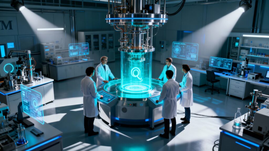 Quantum researchers working in a modern MIT laboratory focused on next-generation quantum technologies.