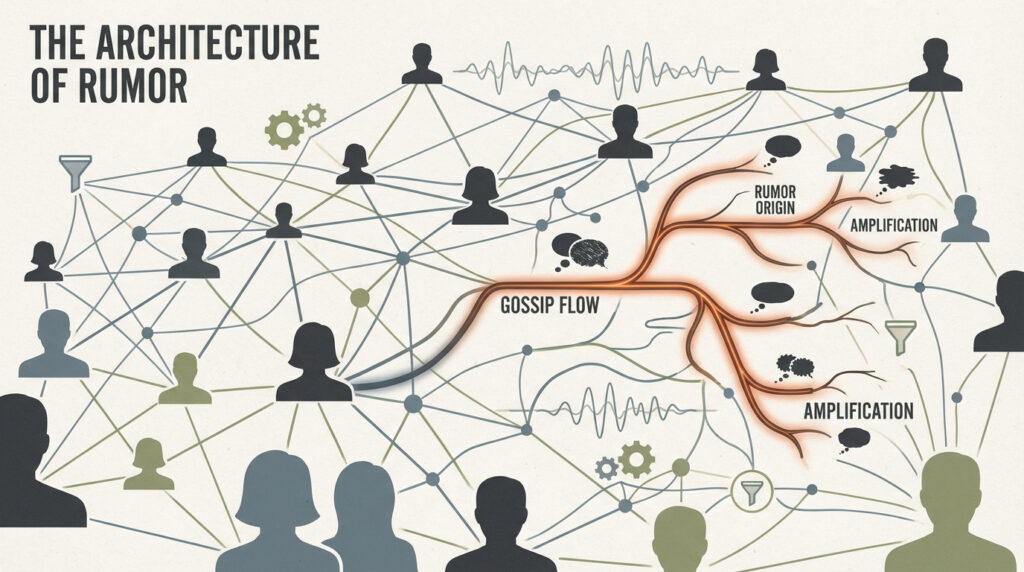 Illustration of a social network with connected silhouettes representing how gossip spreads through human relationships.
